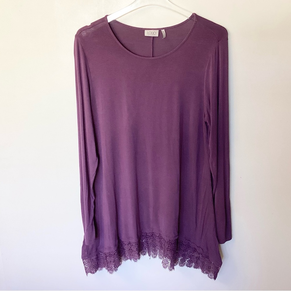 LOGO by Lori Goldstein Long Sleeve Tunic Length Top With Lace Hem - Purple - M